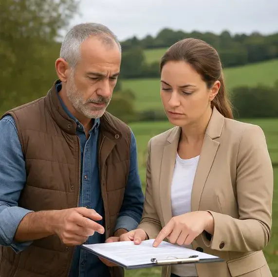 Hombre mayor y mujer joven revisando documentos de subdivisión en un entorno rural