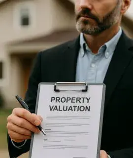 Profesional mostrando portapapeles con informe de valoración inmobiliaria