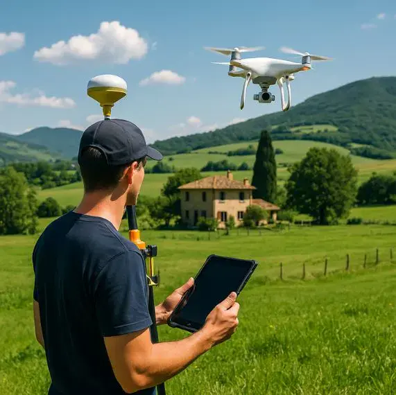 Profesional realiza avalúo rural en Medellín con dron y tablet en campo abierto, frente a finca con potencial de inversión
