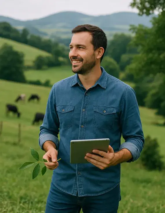 Hombre sonriente con tablet y hoja en mano, en finca rural de Medellín, representa inversión inmobiliaria con respaldo ambiental y profesional