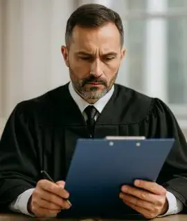 Profesional jurídico revisando informe técnico con mazo sobre escritorio