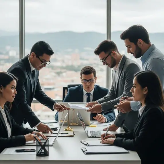 Grupo de profesionales en reunión legal analizando informes de avalúo certificados en Medellín
