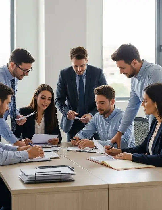 Equipo profesional planificando metas enfocadas en calidad, cumplimiento y honestidad en servicios de avalúos