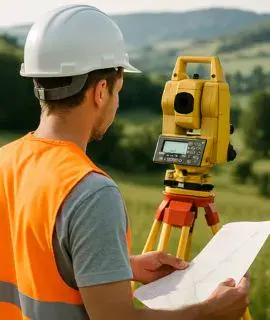 Topógrafo usando estación total y mapa en campo abierto