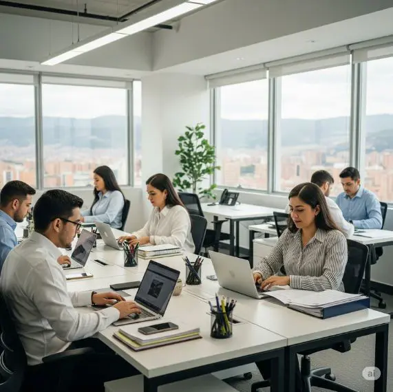 Equipo de profesionales en oficina realizando avalúos comerciales en Medellín