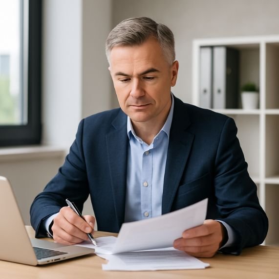 Hombre profesional de mediana edad revisando documentos en una oficina moderna, representando confianza y respaldo técnico en procesos de avalúos catastrales.