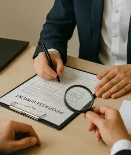 Profesionales revisando documento de avalúo con lupa en escritorio