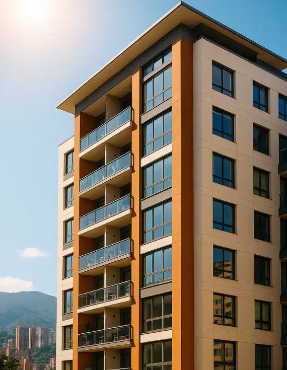 Fachada vertical de edificio residencial moderno en Medellín bajo luz natural