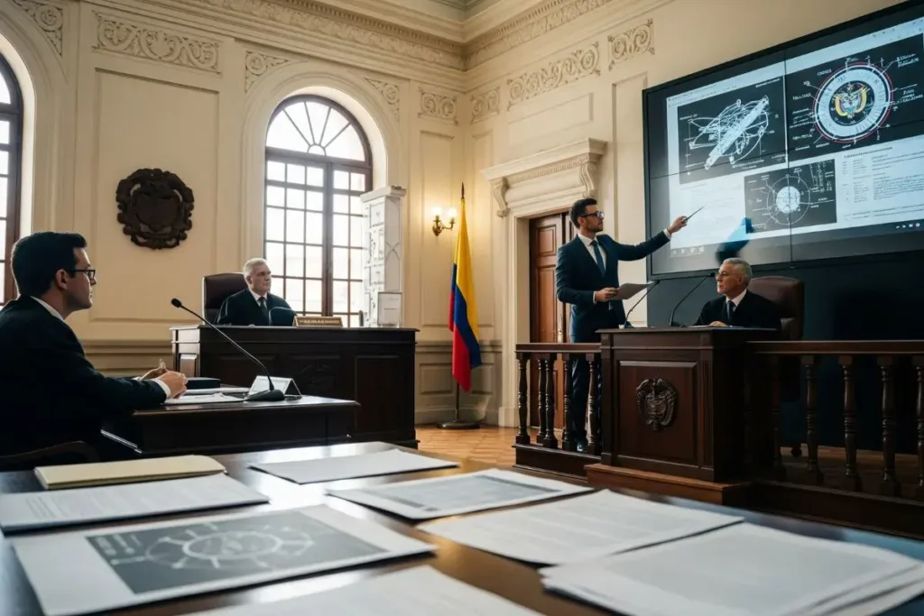 Perito judicial exponiendo dictamen pericial técnico en un juzgado de Medellín ante jueces y abogados