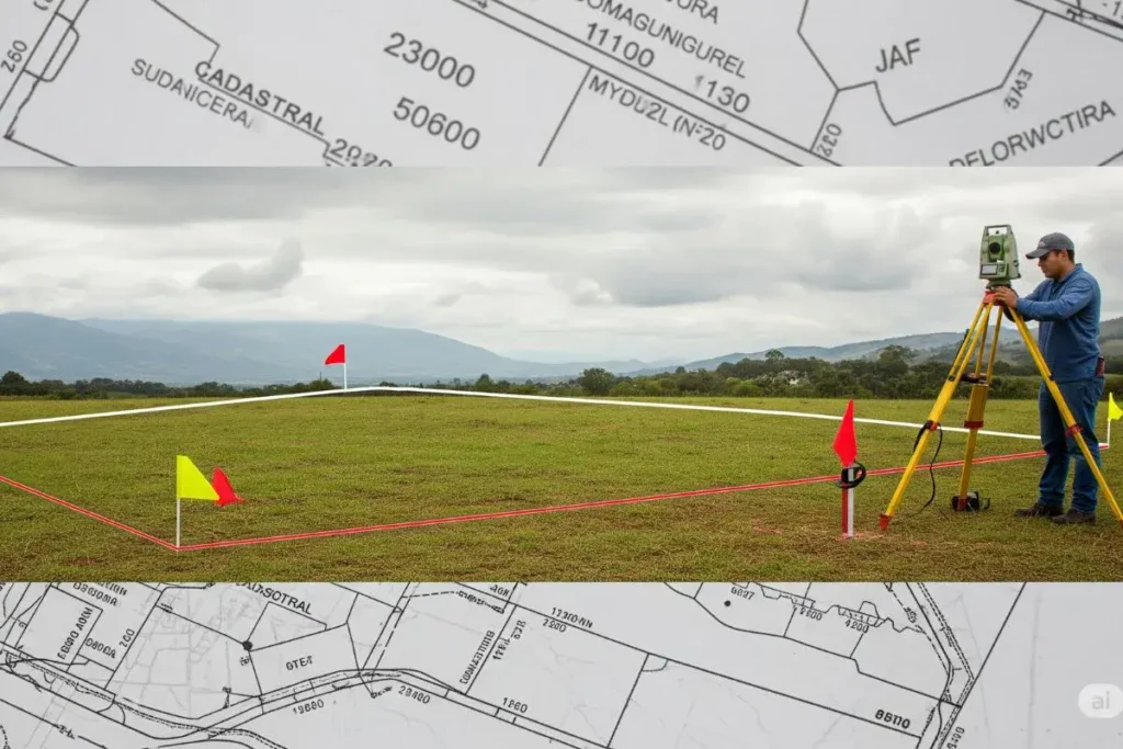 Subdivisión rural en Medellín con equipo topográfico en terreno campestre, gestión legal para división de predios rurales