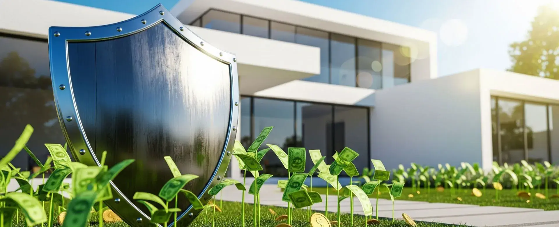Escudo protegiendo una casa moderna con dinero creciendo en el jardín, representando ahorro en impuesto predial en Medellín